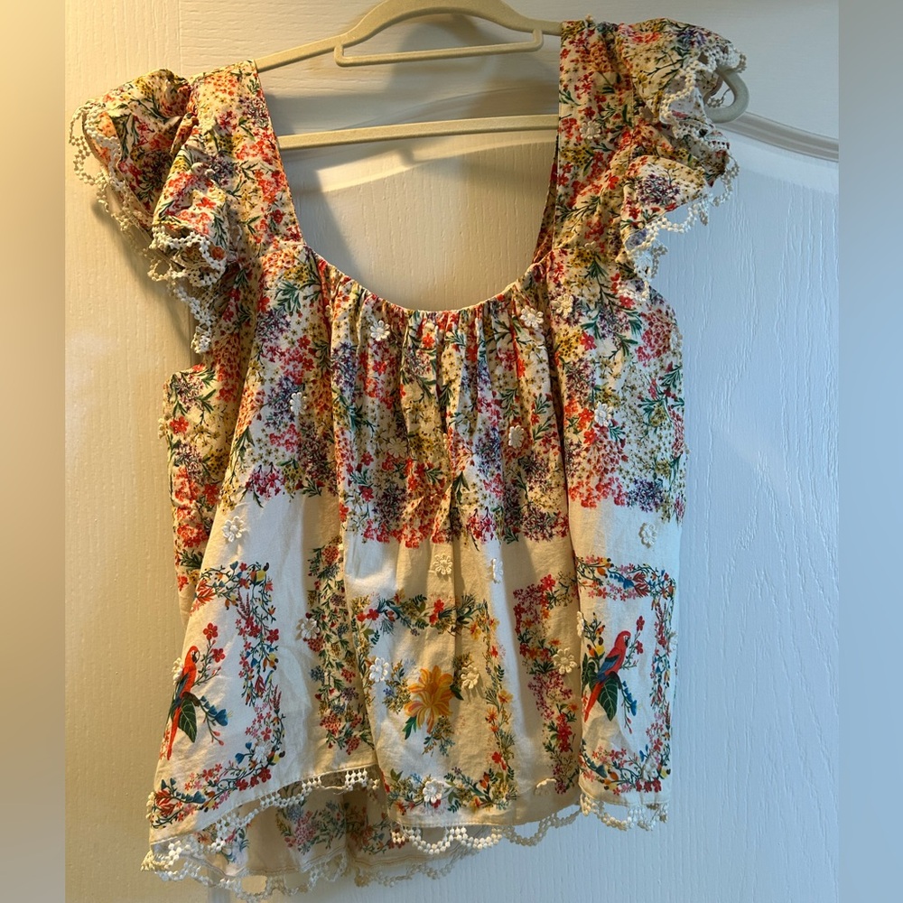 Farm Rio Delicate Forest Scarves Square Neck Embroidered Blouse, Small